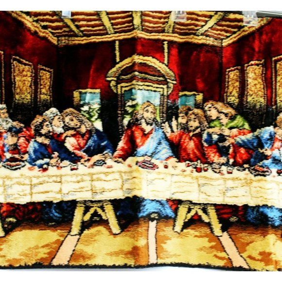 Vtg 70s P&C Last Supper Velvet Tapestry Wall Hanging 39x19 Red Fringe Religious - Picture 4 of 8